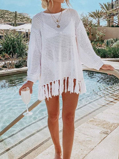 Openwork Tassel Hem Long Sleeve Knit Cover Up